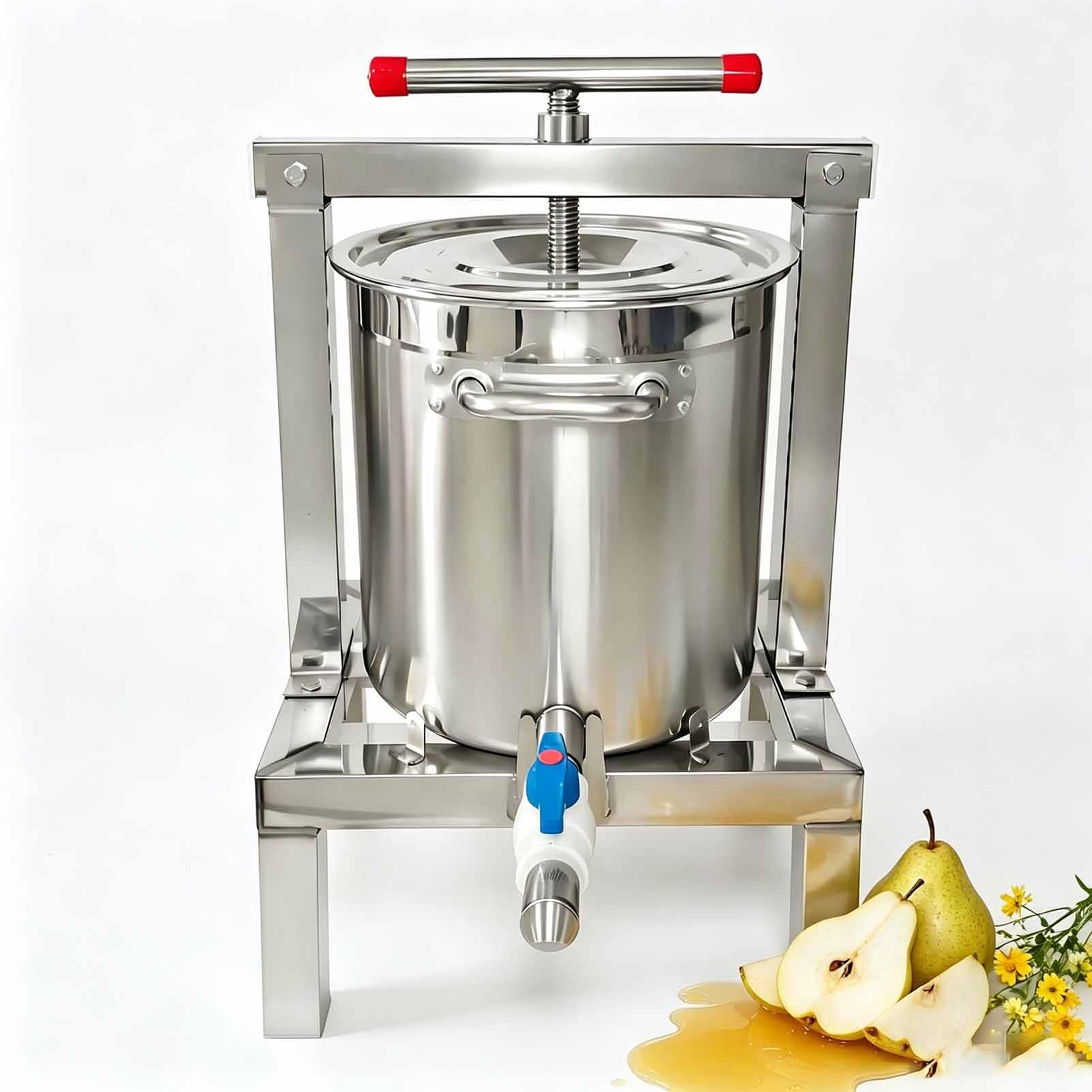 Prensa de Frutas Profesional de 2,6 galones (9,4 litros) – Extractor Manual de Acero Inoxidable con Barra en T, Sidra Artesanal, Mosto de UVA y Cera de Miel. 304