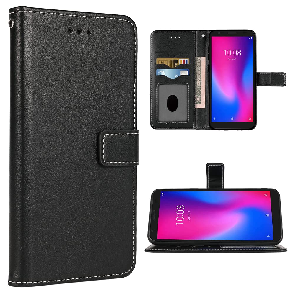 Compatible with ZTE Avid 579 Wallet Case Wrist Strap Lanyard Leather Flip Cover Card Holder Stand Cell Accessories Folio Purse Credit ID Phone Cases for ZTE Blade A3 2020 Women Men Black
