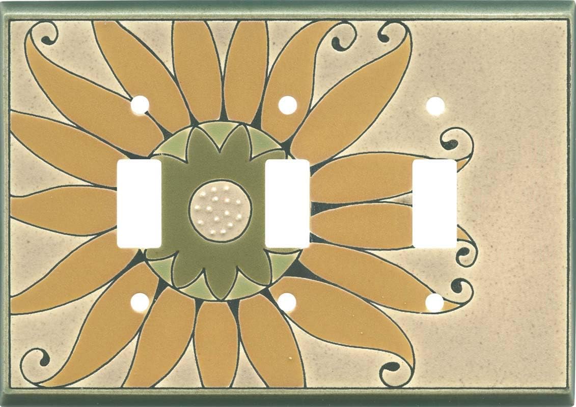 Golden Sunflower Ceramic Wall Plate | 3 Toggle Light Switch Plate - Outlet Cover