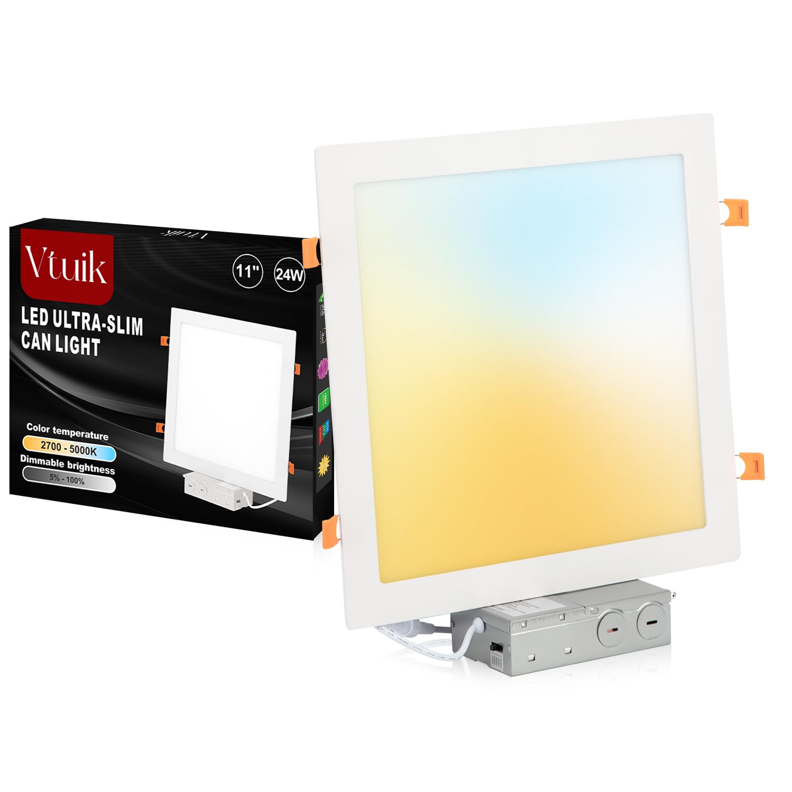 11 Inch Square LED Recessed Ceiling Light 5CCT for Kitchen Retrofit, Ultra Thin Canless Wafer Downlight Damp Rated for Bathroom, 24W Dimmable 1920LM for Living Room ETL FCC