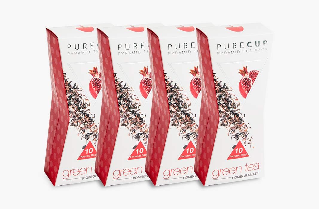 Purecup Green Tea Pomegranate Fine Quality Tea - 4 Pack | 10 Pyramid Bags each