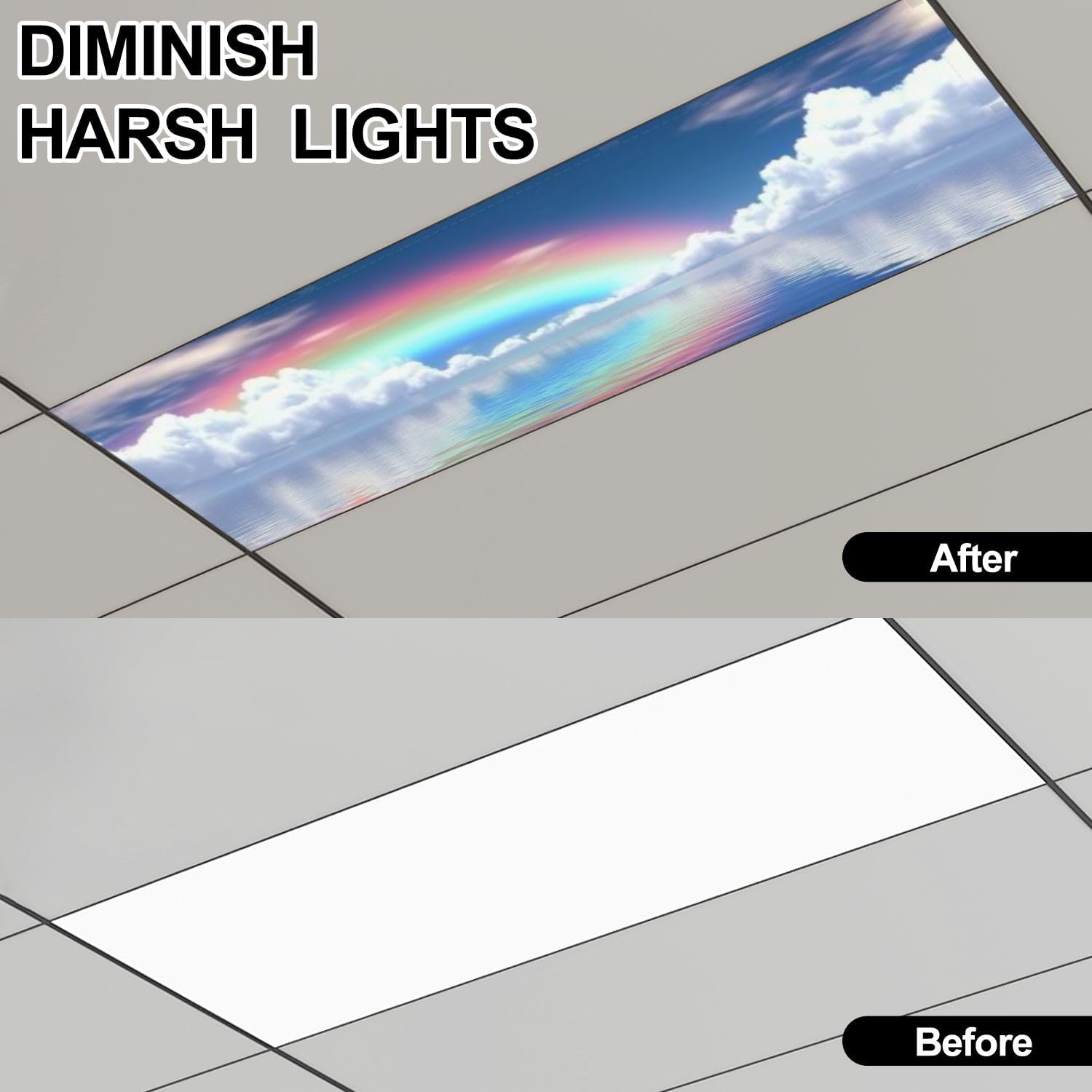 Fluorescent Light Covers for Ceiling Lights Fantastic Landscape Clouds Rainbow Easy to Install Magnetic Light Filter for Classroom Office Hospitals School Home Decor