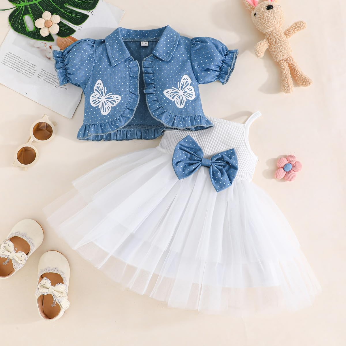 Yanmucy Bambino Bambina Vestito con Cardigan Set 2PCS Bambine Senza Maniche Tulle Tutu Vestito a Maniche Corte Polka DOT Ruffle Coat Top Outfits Abitini per Bambina