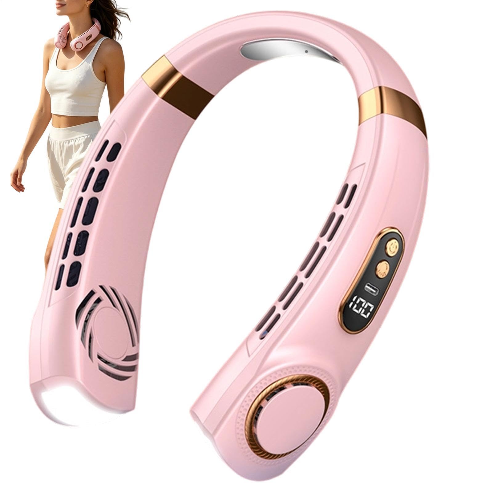 Nackenventilator, wiederaufladbar, leise, 5 Geschwindigkeitsstufen, Halsventilator mit LED-Licht, 7 Farben und Display, für Sommer, Reisen, Auto, Outdoor, , Küche und Schlafzimmer