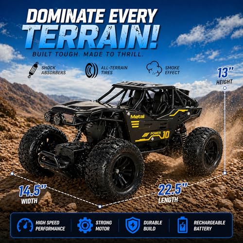 Image of RC Rock Crawler 2WD | Off-Road Monster Truck with Real Smoke Effect, Alloy Body & Rechargeable Battery | Durable Suspension | RC Car for Kids 4+ & Adults | Dark Black