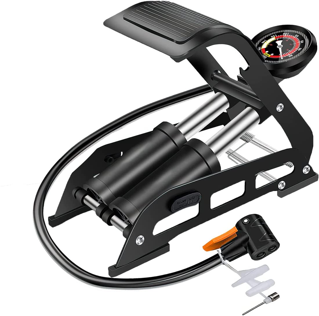 Exrp Double Barrel Bike Floor Foot Pump,Portable Air Pump Inflator Pump with 160PSI Precision Pressure Gauge Fits Presta Schrader and Deutschland Valve for Bicycle,Ball,Scooter,Car,Toys Inflatable