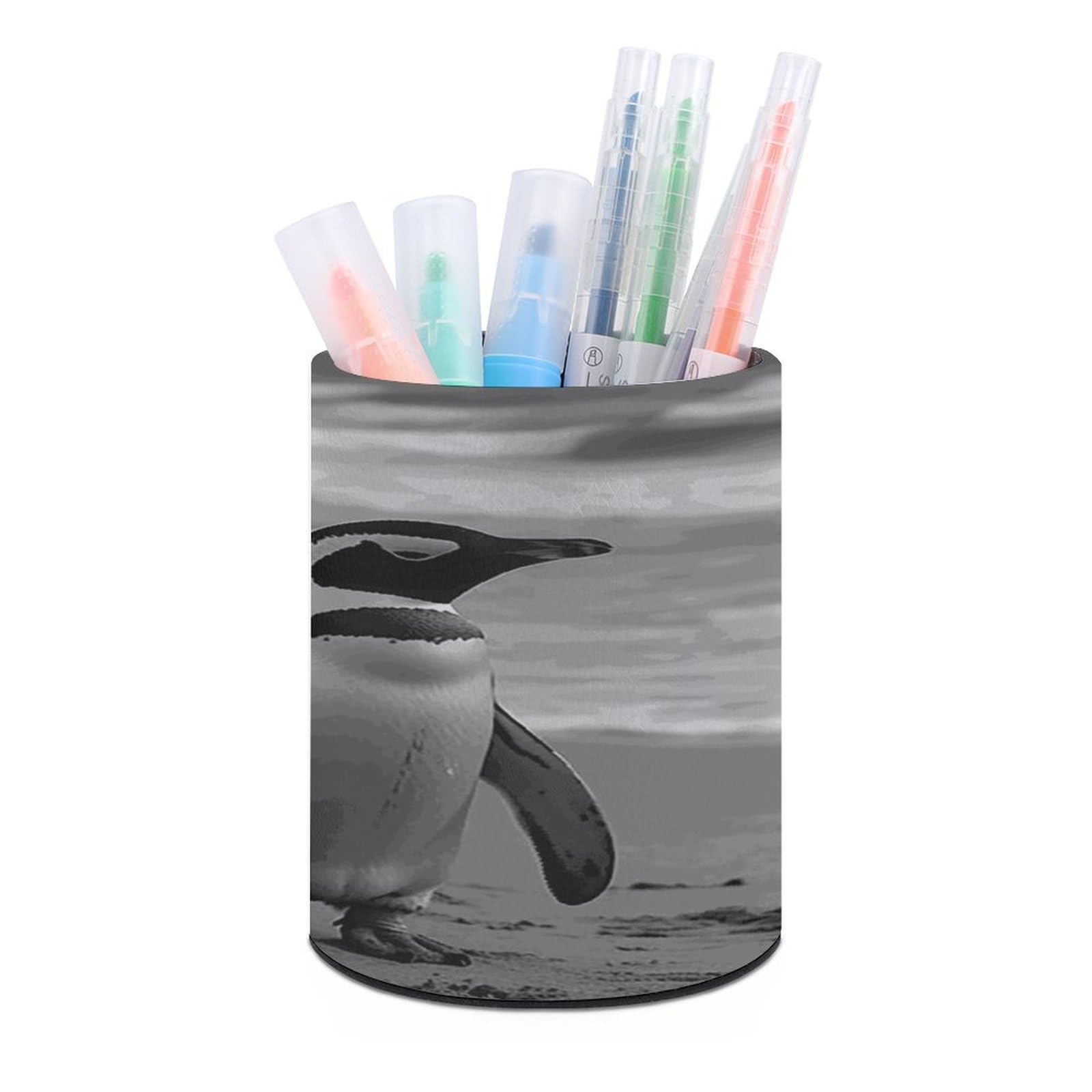 JTREHY Penguin Standing on The Beach Pen Holder Round Pen Pencil Holder Makeup Brush Holders Cup PU Leather Pencil Cups Desktop Caddy Stationery Organizer Case Office Accessories Container Box