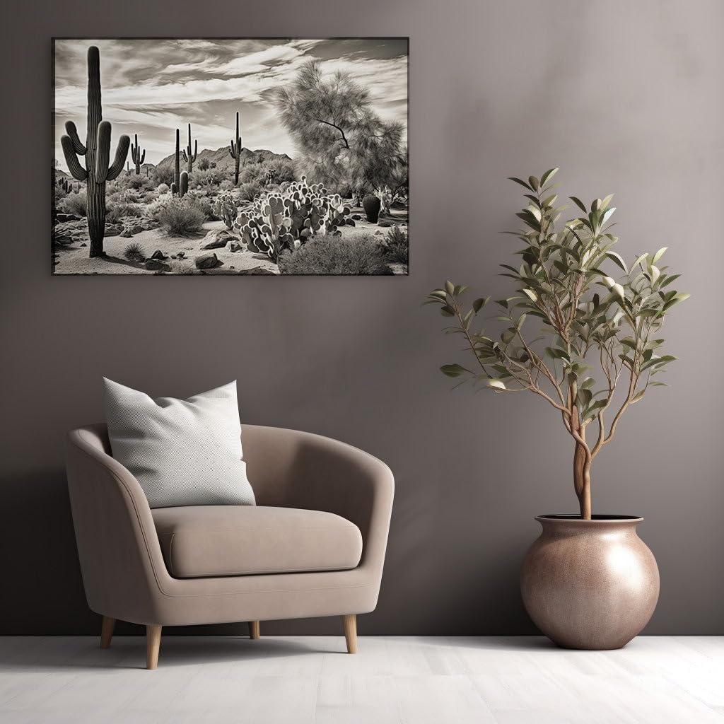 Canvas for Living room. Desert Tranquility: Unveiling the Varied Cacti and Majestic Mountains Under a Cloud-Adorned Sky, 27 x 18 inch Canvas Wall Art - Contemporary Masterpieces - Modern Home Decor