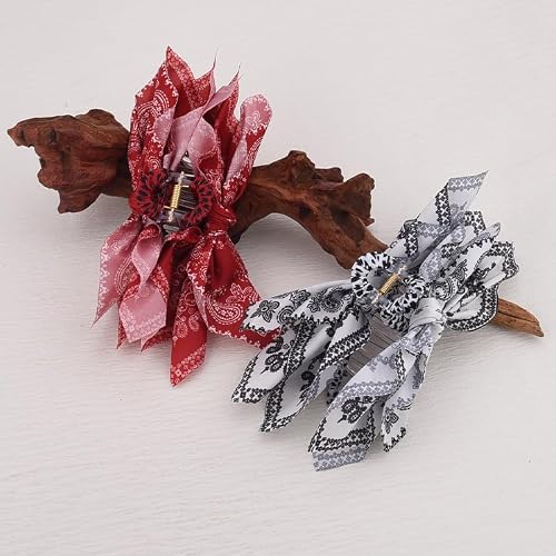 Western Boho Bow Claw Clips for Women White Red Bandana Hair Claw Clip Bowknot Hair Clips for Girls Halloween Retro Bows Hair Jaw Clip for Women Silk Bandana Bow Clawclip 4th of July Accessory 2PCS - Image 6