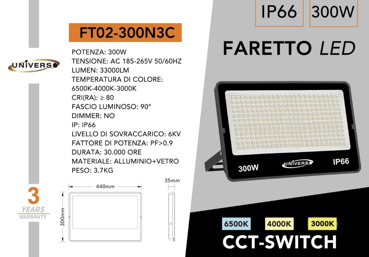 Faro LED Esterno 300W IP66 – Proiettore LED con CCT Switch 3000K 4000K 6500K, Alta Luminosità 33000lm, Impermeabile per Giardino Cortile Magazzino (Bianco/Grigio) FT02 (NERO)