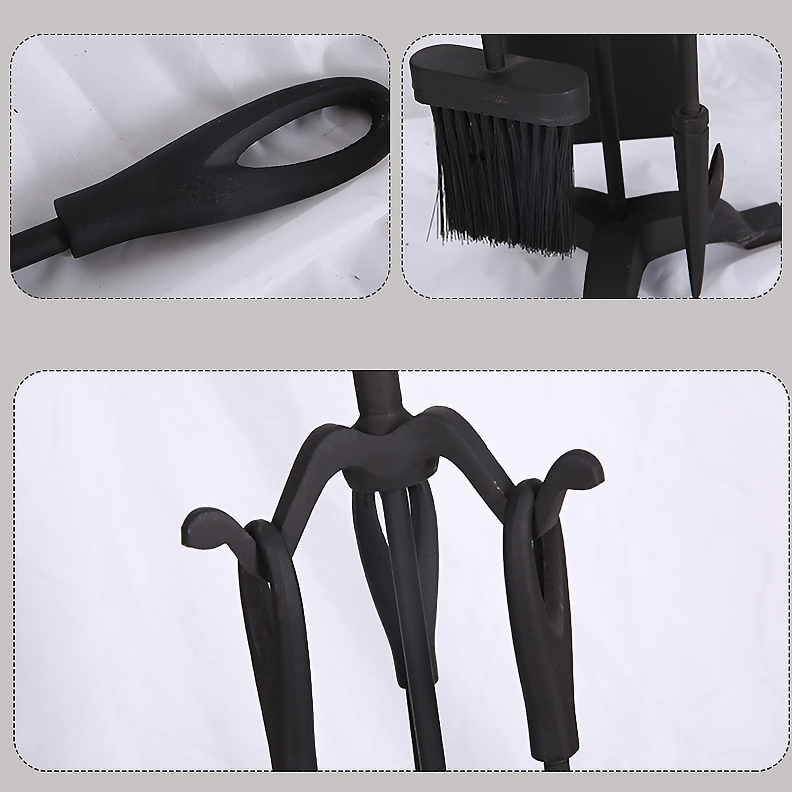 Juego de 4 herramientas para chimenea, accesorios de hierro fundido negro con ganchos, soporte, pala, cepillo de póquer, acabado moderno.
