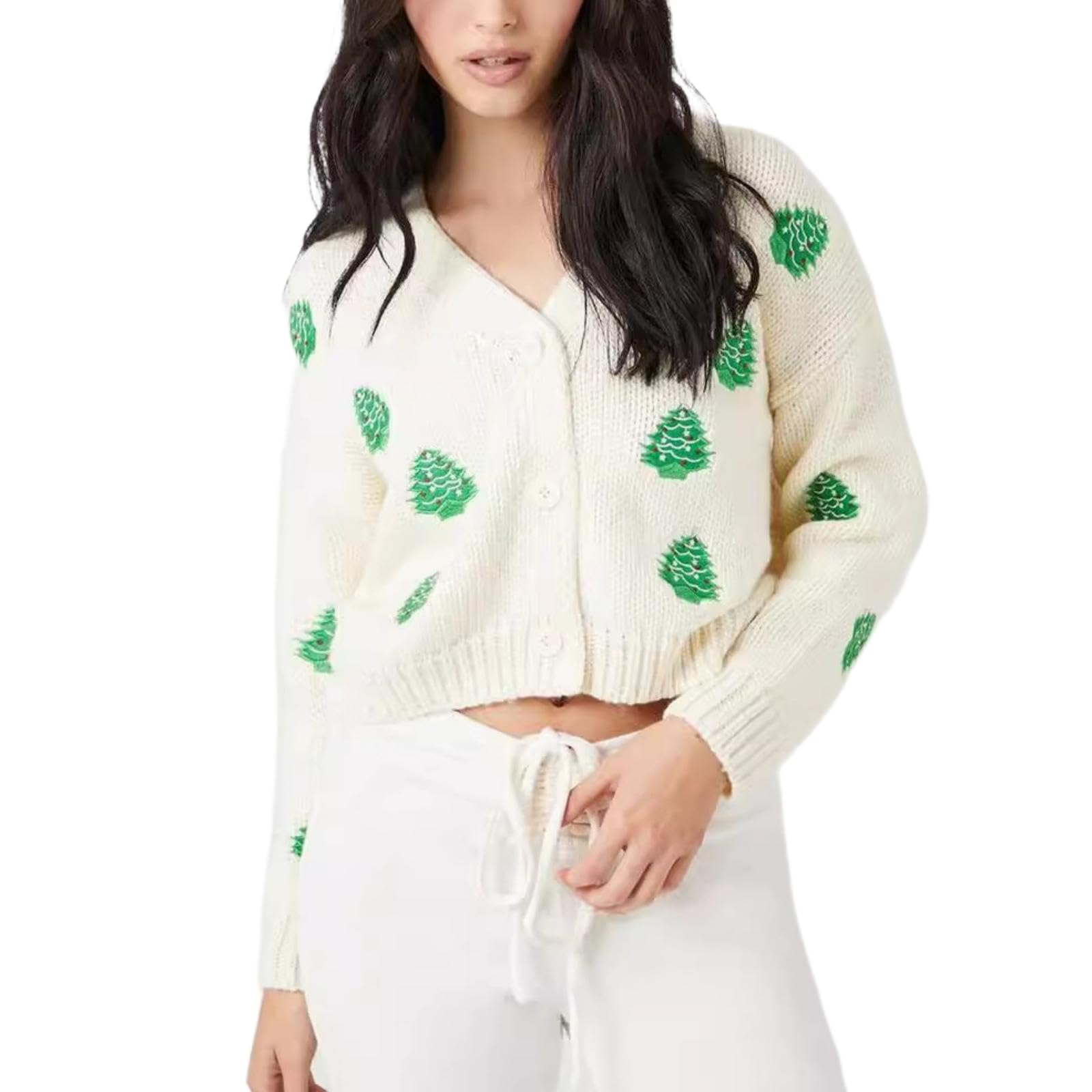 Women Christmas Knit Cardigan Y2k Open Front Long Sleeve Button Down Sweater Cute Fall Winter Holiday Tops