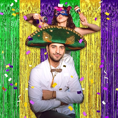 Image of 3 Pack Gold Green Purple Foil Fringe Curtain Backdrop, 3.28Ft x 9.8Ft Metallic Tinsel Foil Fringe Streamer Curtains for Photo Booth, Christmas Day, Thanksgiving, Wedding, New Year Party Decorations