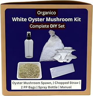 Complete DIY White Oyster Mushroom Growing Kit (Spawn + Straw Substrate + PP Grow Bags + Spray Bottle + Cutter + Manual), First Generation White Mycelium Big Petal Oyster Mushroom Spawn/Seed