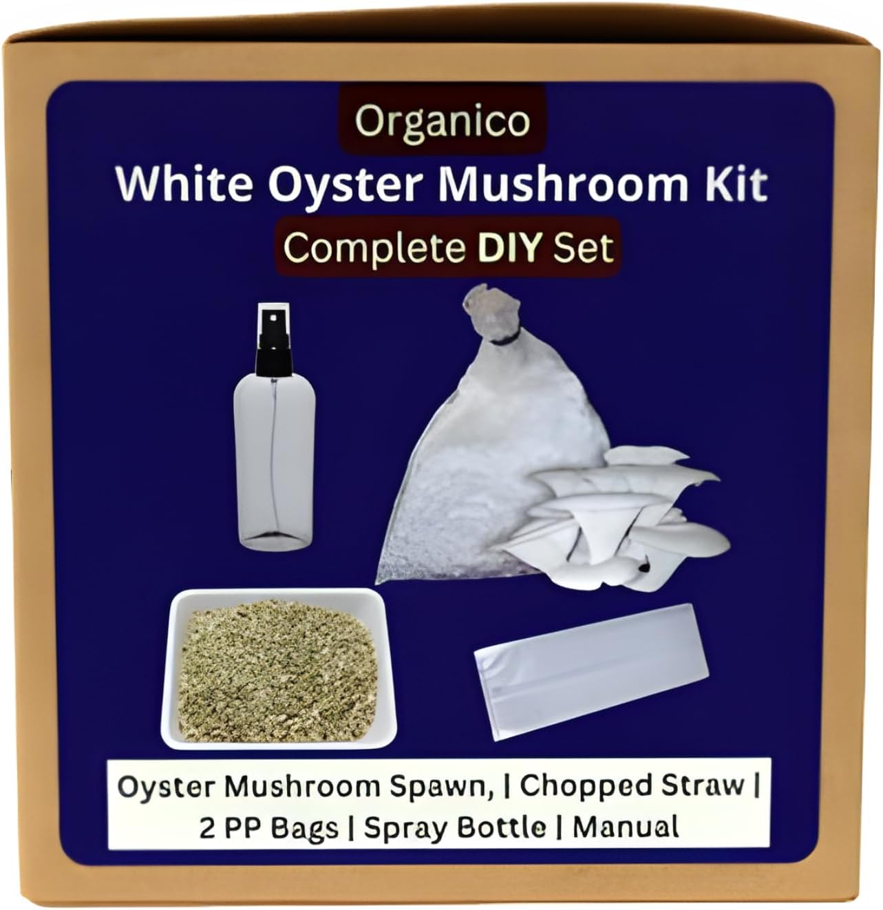 Organico Complete DIY White Oyster Mushroom Growing Kit (Spawn + Straw Substrate + PP Grow Bags + Spray Bottle + Cutter + Manual), First Generation White Mycelium Big Petal Oyster Mushroom Spawn/Seed
