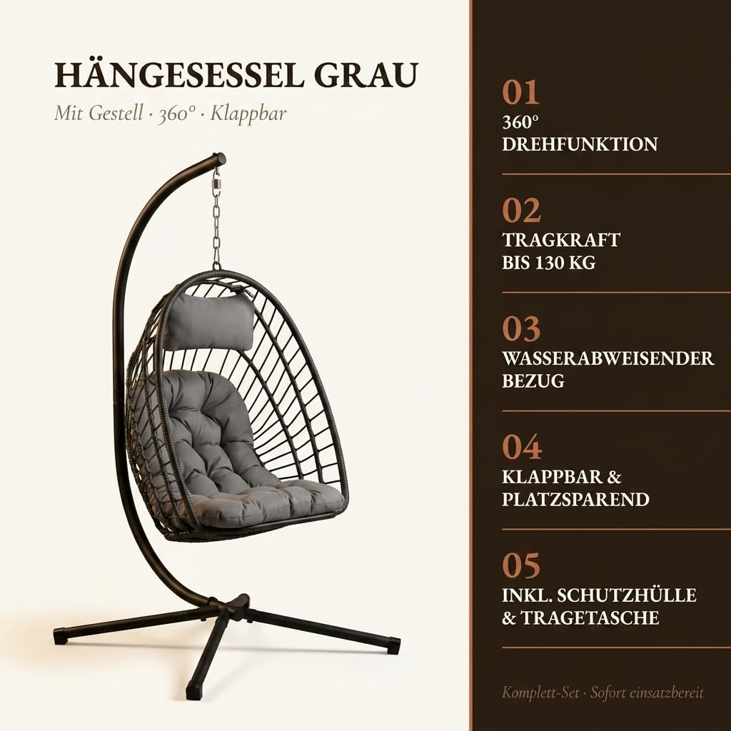 ONBEST Hängesessel mit Gestell – 360° Hängestuhl, Grau | Klappbarer Hängekorb mit Polster, Schutzhülle und 130 kg Belastbarkeit – für Garten, Balkon, Wohnzimmer, Outdoor & Indoor