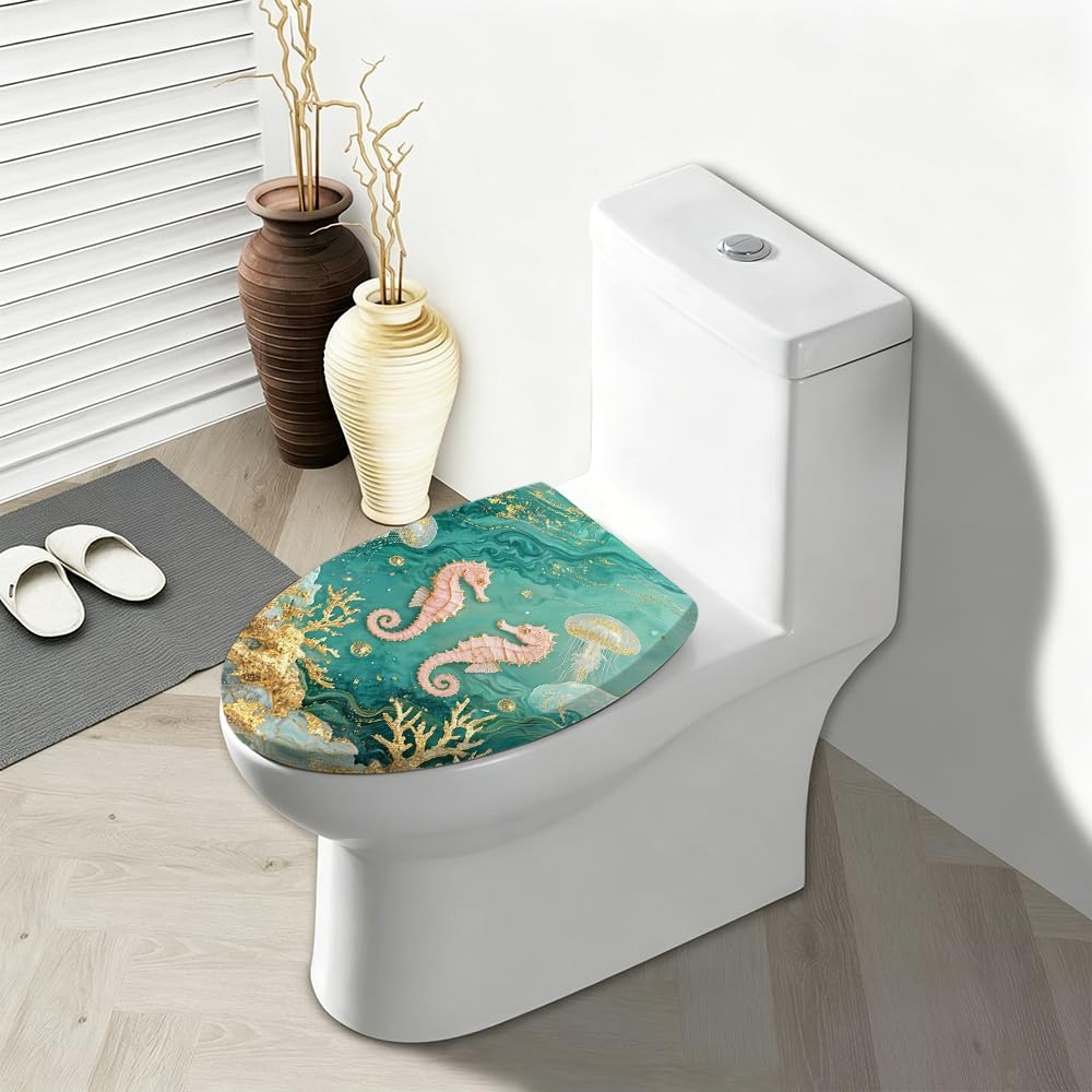 Stile 12 Sedile WC decorativo rotondo per bagno | Design floreale in resina bordeaux disegnato a mano, cerniere silenziose, cerniere a sgancio rapido, facile da installare