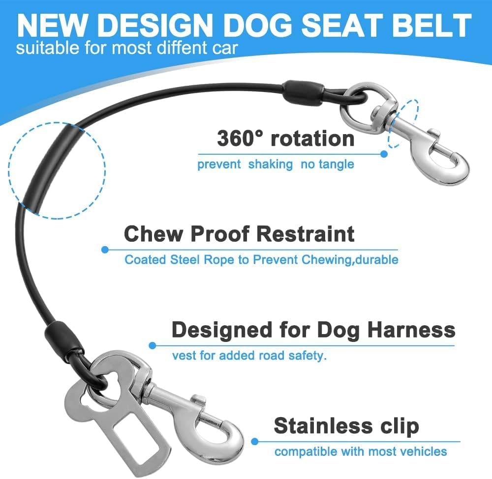 2 Pcs Car Seat Belt Harness for Dog, Dog Seatbelt Clips of Coated Wire Leash Safety Restraint, Metal No Chew Tether Cable Vehicle Dogs Accessories,Double Clips & Buckle Latch (Black)