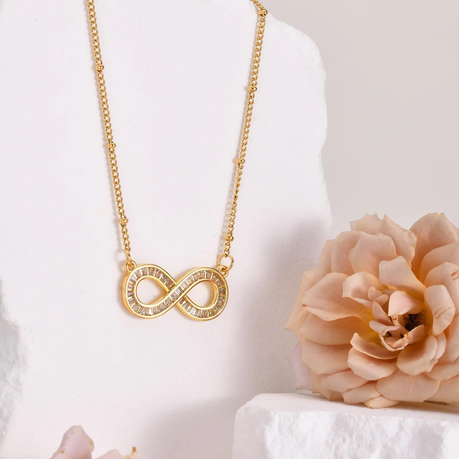 Collana in lega con perline catena a perline in acciaio inossidabile placcata oro zircon di rame Infinity Fashion love You Forever Pendente regolabile per donne ragazze e ragazzi