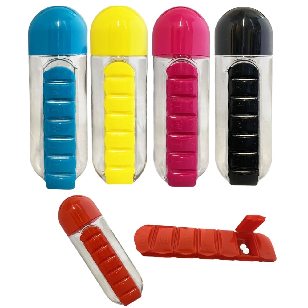 Water Bottle with Pill Organizer (600ml) – 7-Day Travel Medication Storage – Leakproof Hydration Bottle with Weekly Pill Box – Assorted Colours HTUK