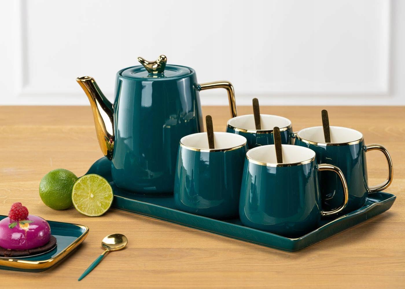 Service à café en céramique pour 4 personnes - Moderne - Vert - Avec théière, 4 tasses et plateau de service - Idéal pour le café, le thé ou d'autres boissons