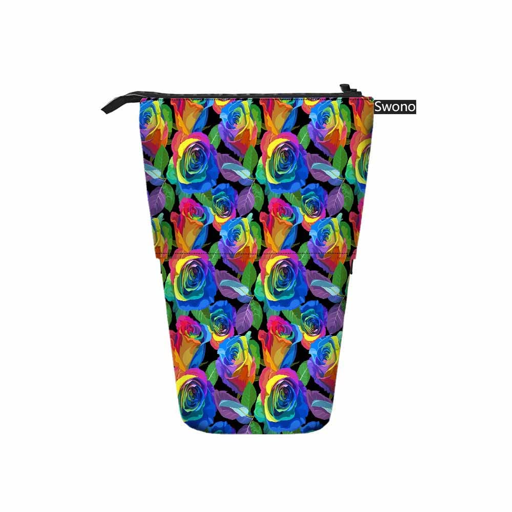 Swono Roses Pencil Case Multicolored Rainbow Standing Pencil Case Pencil Holder Pencil Pouch Cosmetics Pouch Makeup Office Bag Black