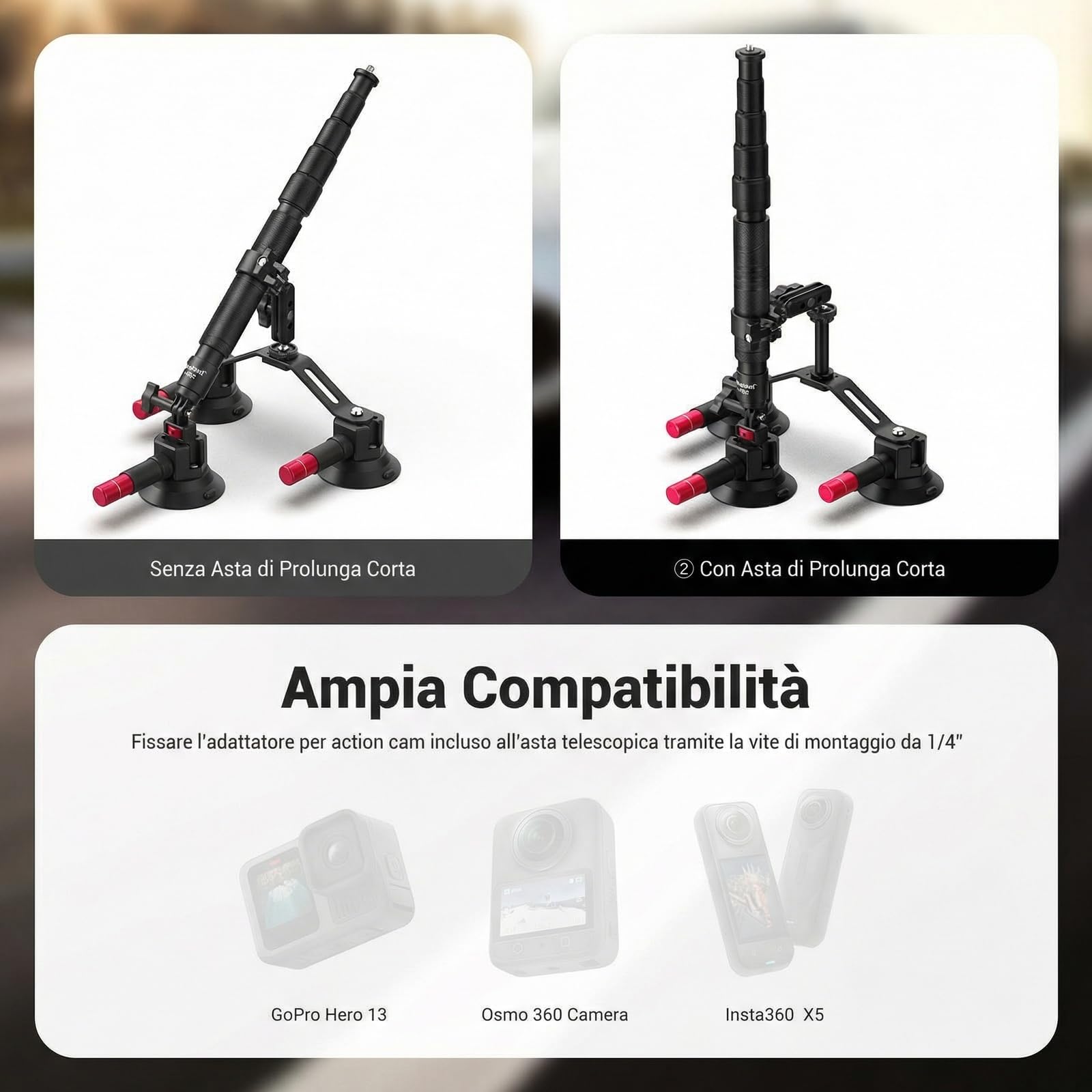 NEEWER Treppiede a Ventosa Tripla per Auto Compatibile con Insta360 X5 X4, GoPro, DJI OSMO 360, Kit Montaggio,Braccio Flessibile e Sgancio Rapido, Asta Estensibile 2in1/Monopiede per Selfie, CA065