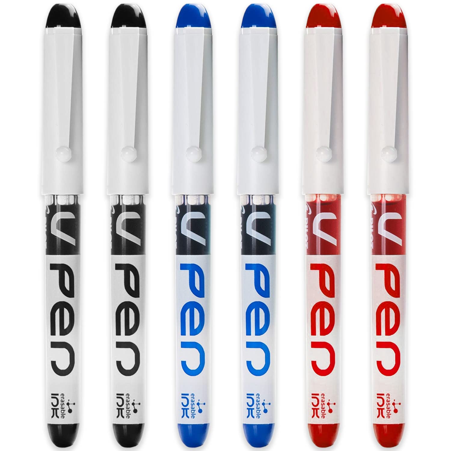 PILOT V PEN - Erasable Disposable Fountain Pen - 0.6mm Nib Tip - Medium Line - Pack of 6 - Black, Blue & Red Ink