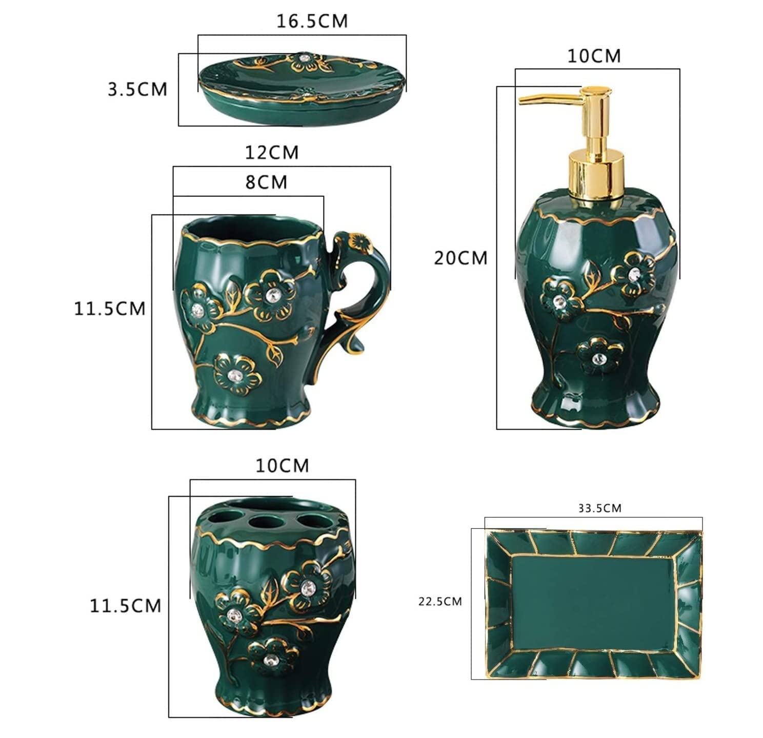 Badzubehör Set Badezimmer Set Bad-Accessoires-Set Badezimmer-Zubehör-Set, Dunkelgrünes, Luxuriöses Keramik-Badeset Mit Geprägtem Muster Für Einzugsgeschenk Badezimmer Zubehör Set Badezimmerzubehör-Set
