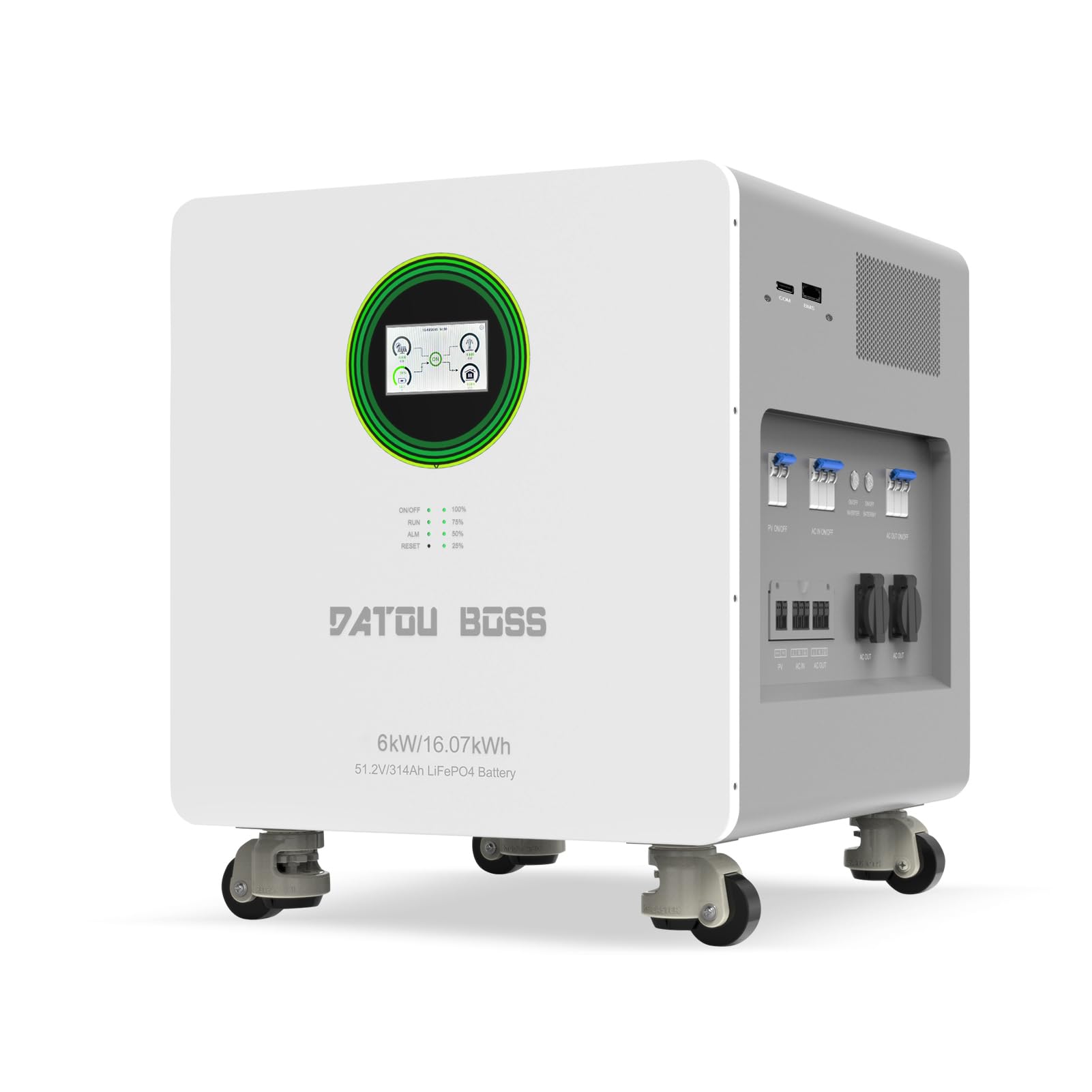 DATOUBOSS 6000W Hybrid Wechselrichter+48V 314Ah 16.07 kWh LiFePO4 Batterie All-in-One,9000W PV Eingang,ausgestattet mit WiFi-Modul,unterstützt APP-Fernüberwachung,8000+ Ladezyklen,Plug & Play