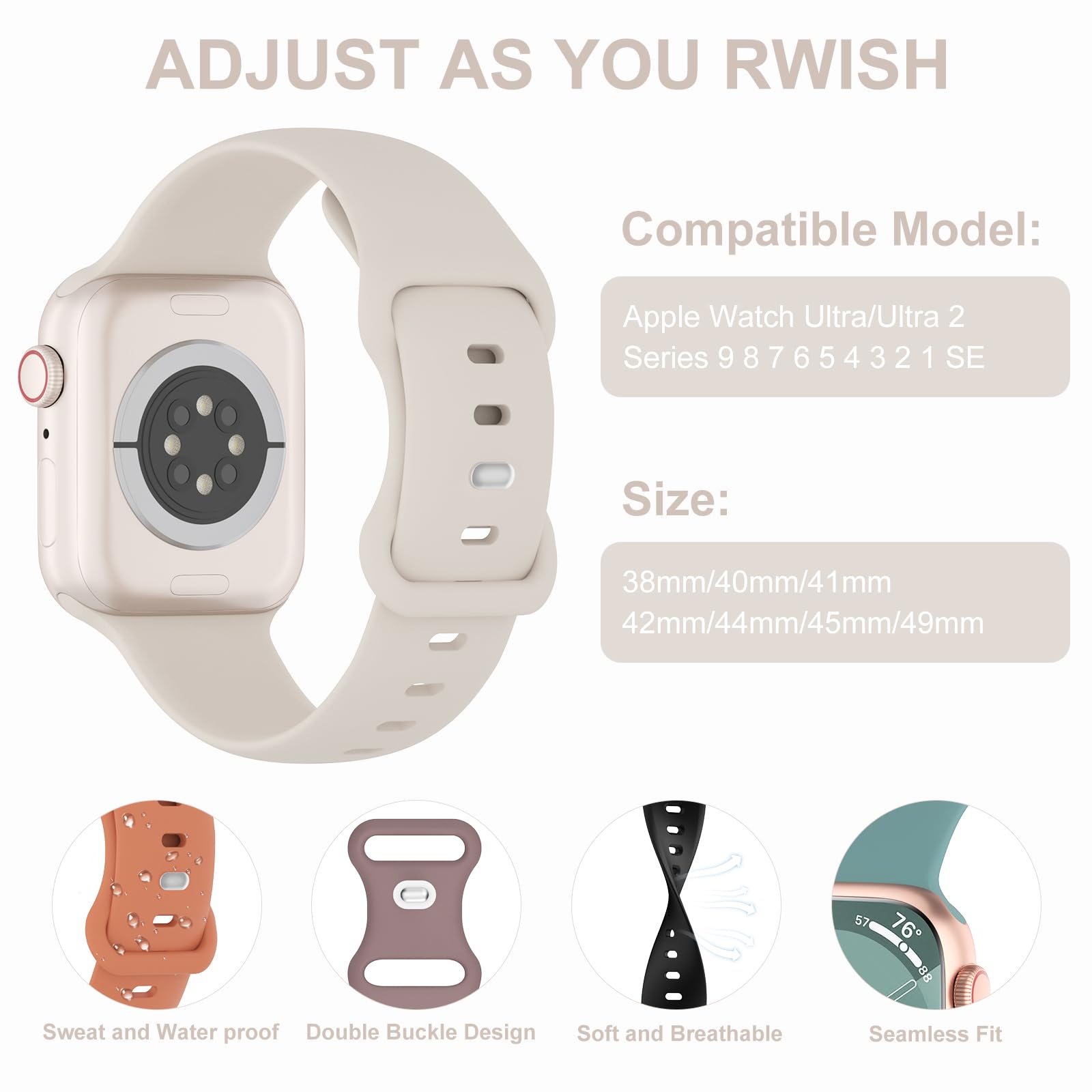 Steezrd 5 Pack Sport Silicone Bands Compatible with Apple Watch Band 38mm 40mm 41mm 42mm 44mm 45mm 49mm, Soft Waterproof Strap Wristbands for iWatch Ultra/2 Series 9/8/SE/7/6/5/4/3/2/1 Women Men