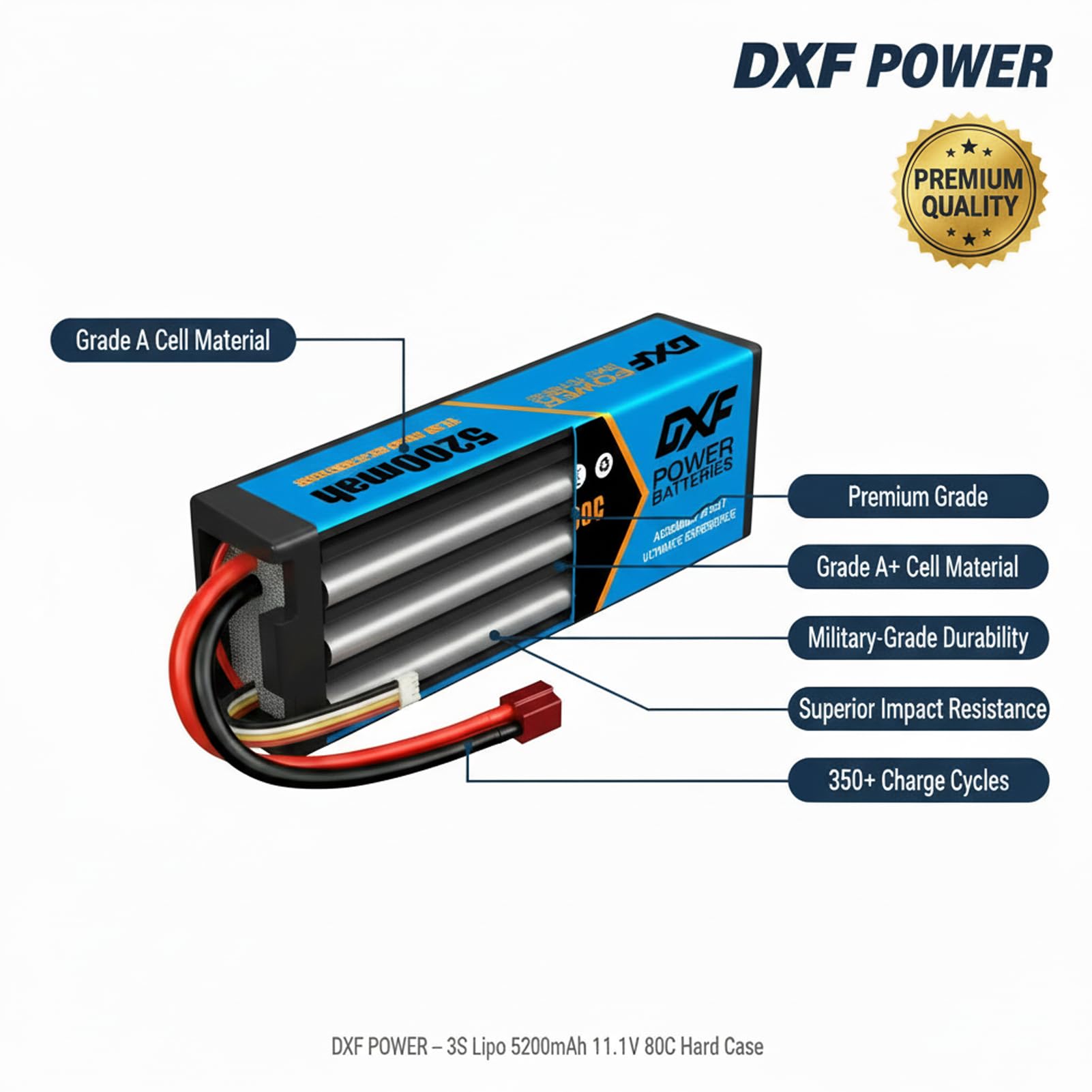 DXF Batteria LiPo 3S di alta qualità, 5200 mAh, 11,1 V, 80 C, per auto RC, barca, camion, modelli da corsa, confezione da 2