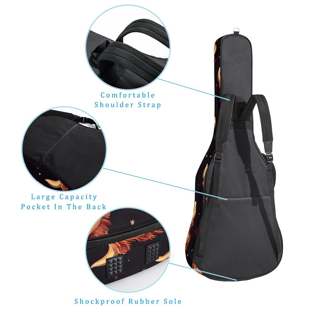 Gitarrentasche, volle Größe, 99 cm, 101,6 cm, 104,1 cm, für Akustikgitarre, Konzertgitarre, 10 mm dick, gepolstert, Weihnachts-Hochlandrind-Gitarrenkoffer, wasserdicht, mit Tasche