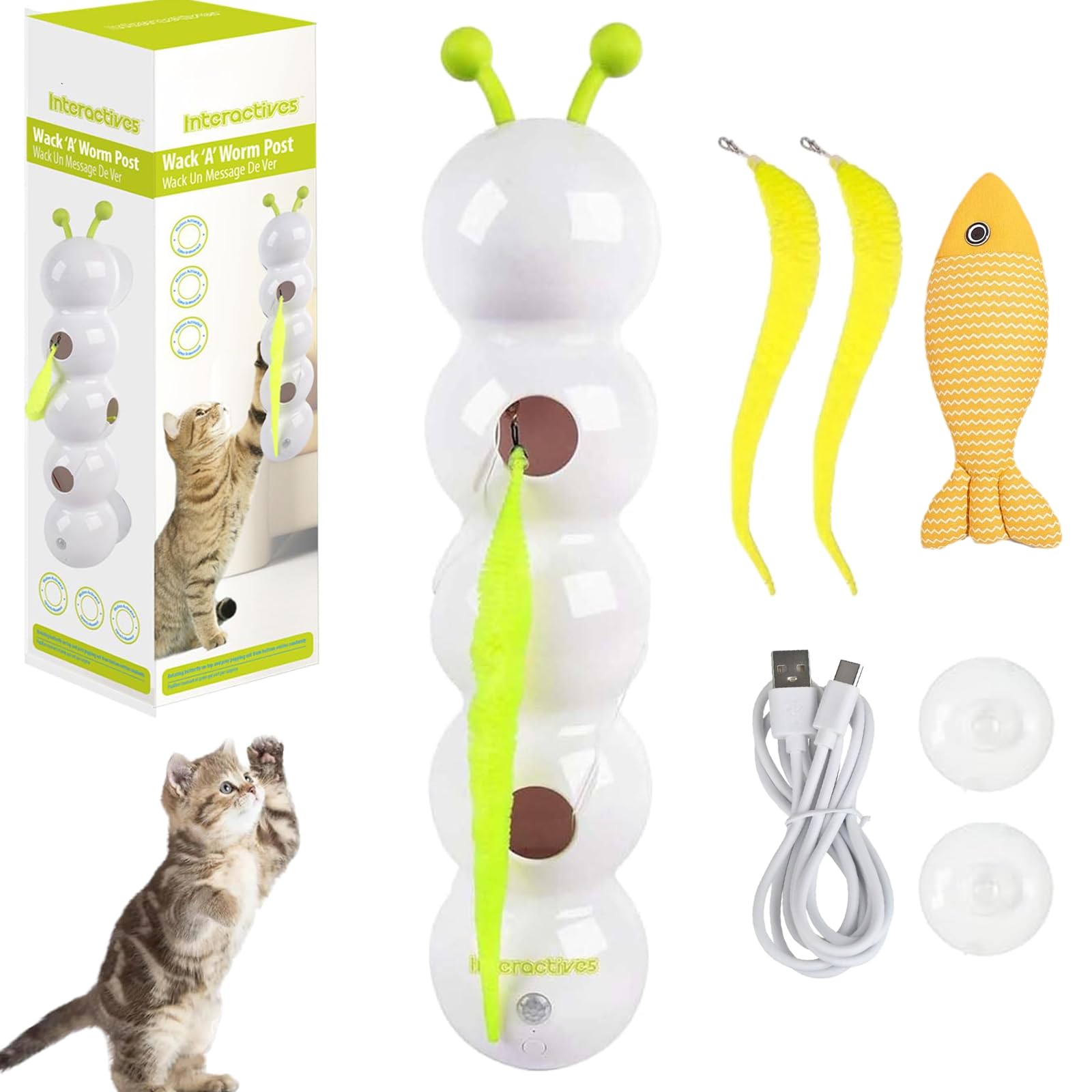 Juguete para gatos con sensor inteligente, oruga, juguete automático de cola esponjosa con sensor de movimiento, juguete interactivo de plumas de gato recargable por USB, ventosa para un juego estable