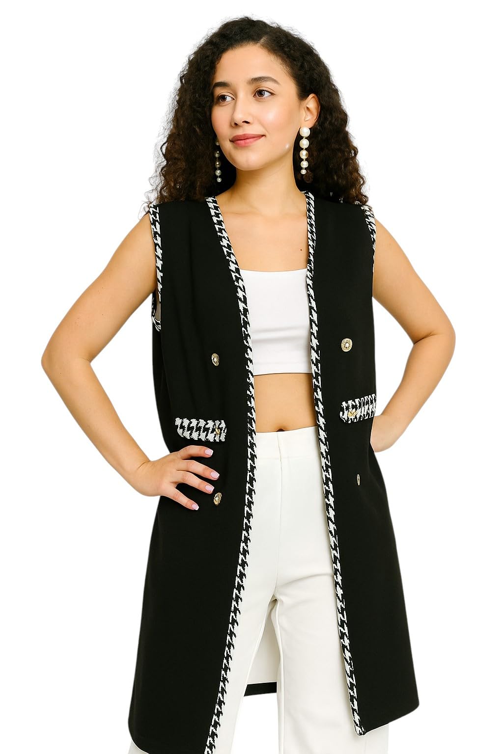 Women’s Sleeveless Long Black Houndstooth Trim Open Front Jacket with Gold Buttons Stylish for Casual & Office Wear-image-28