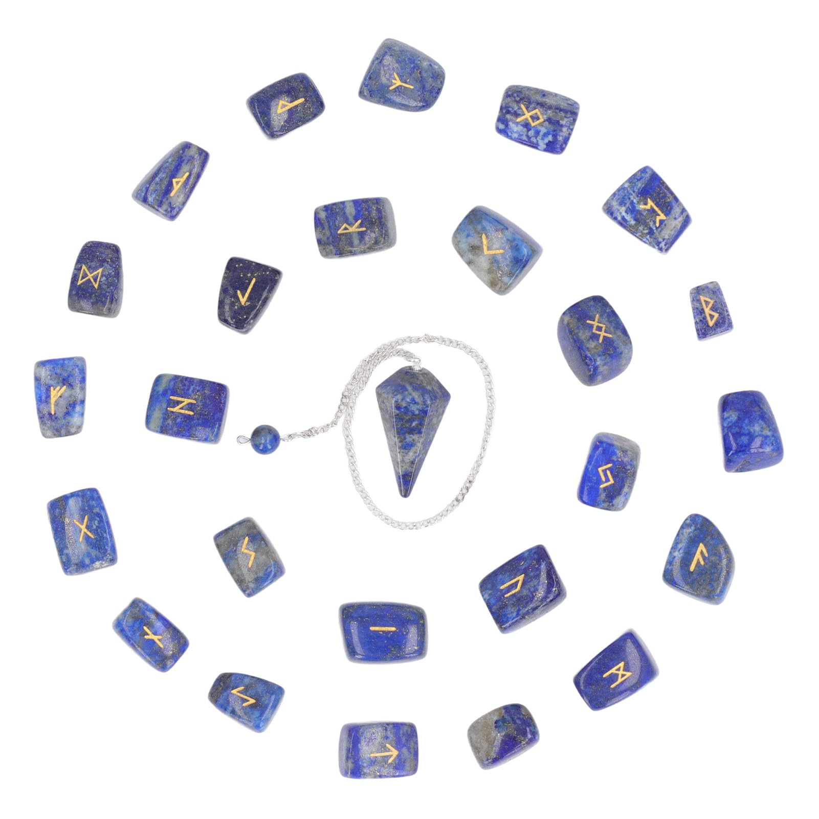 EMUKOEP 25 Piedras de Runa, Péndulo de Cristal y Bolsa de Almacenamiento para Meditación de Adivinación, con Símbolos de Runa Grabados para la Conexión Espiritual de Curación de (Lazurita con Péndulo)
