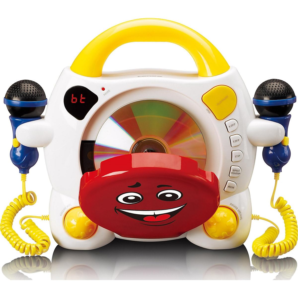 Lenco KCD-011 Lecteur CD Sing Along pour Enfants -Bluetooth 5.0 - Antishock -Ecran LED -Mémoire des Pistes - 2 Microphones pour Karaoké-Fonctionne sur Courant Alternatif ou Batterie- avec Autocollants