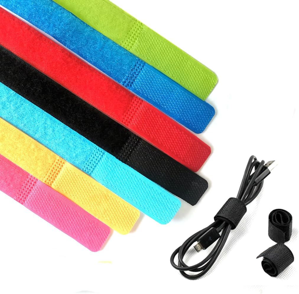 100 Pack Reusable Cable Ties 7.2in Heavy Duty Hook & Loop Fasteners for Cord Management 7 Colors Multi-Purpose Organizer