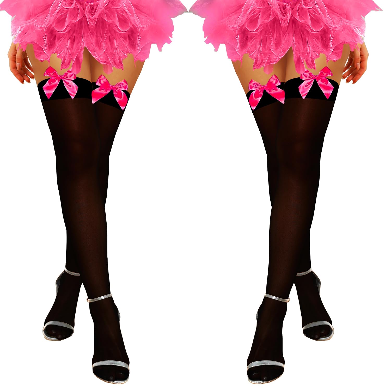 K Bkvava Women's Black With Rose Bows 2 Pairs Bow Thigh High Stockings Satin Bow Over The Knee Highs Socks,