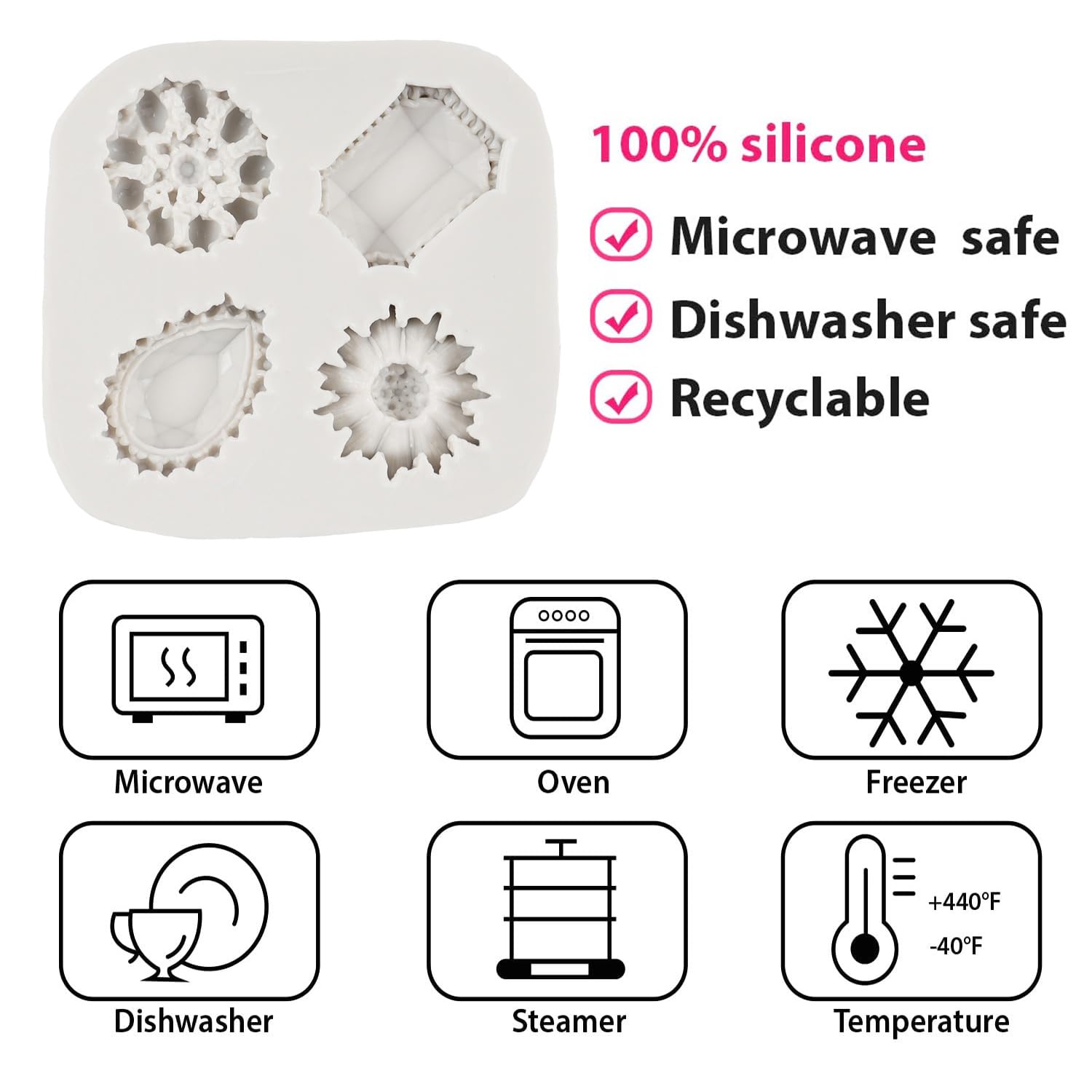 Gems - Juego de 4 moldes de silicona para fondant con forma de diamante para decoración de pasteles, cupcakes, chocolate, caramelos, arcilla polimérica, pasta de goma