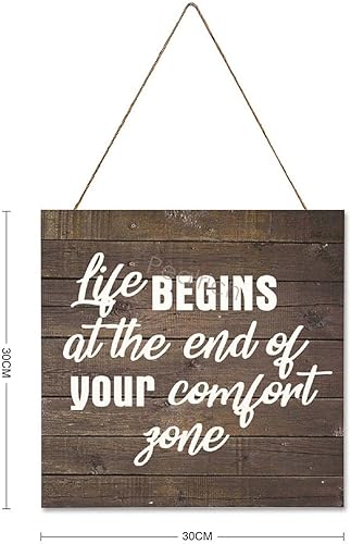 Miniatura 2 de PEALRICH Letrero colgante de madera con cita motivacional "Life Begins At The End Of Your Comfort Zone", placa artística para decoración de pared