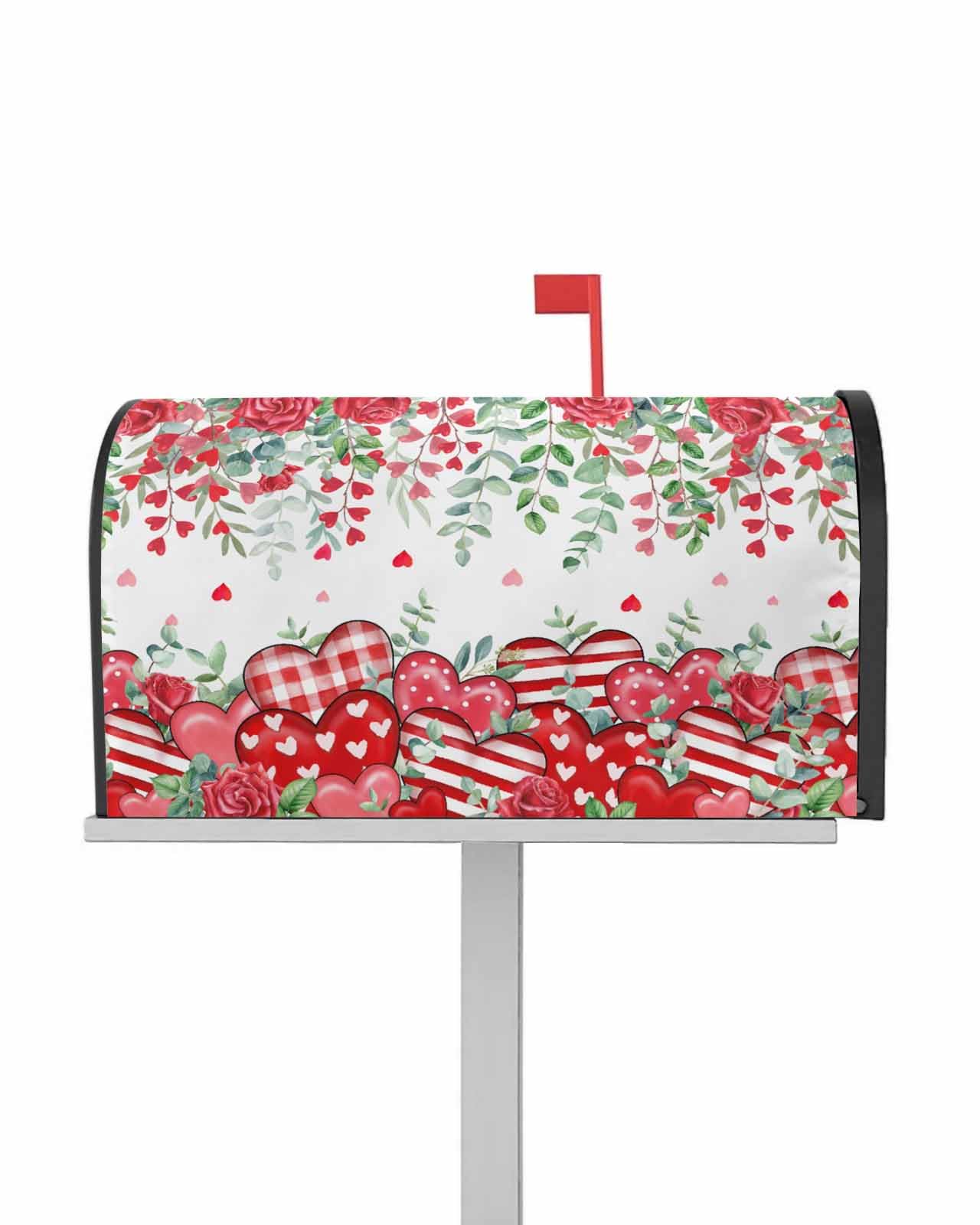 Valentine's Day Red Love Heart Mailbox Cover Rose Floral Magnetic Mailbox Wraps, Eucalyptus Leaves Mailbox Covers Standard Size 18x21 Inch Mail Wrap Post Letter Box Decoration for Outdoor Gardern Yard
