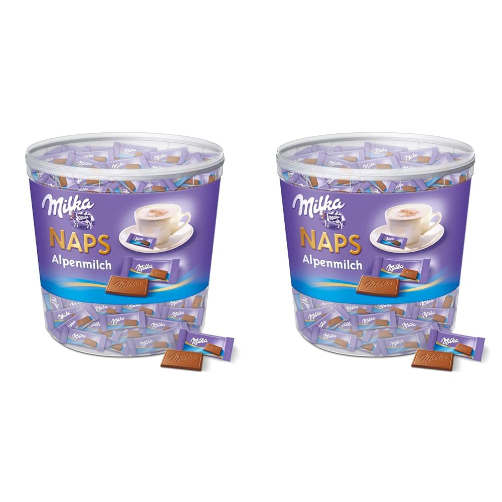 Milka Naps Alpenmilch 1 x 1kg, Zartschmelzende Mini-Schokoladentäfelchen aus feiner Alpenmilchschokolade, Dose (Packung mit 2)
