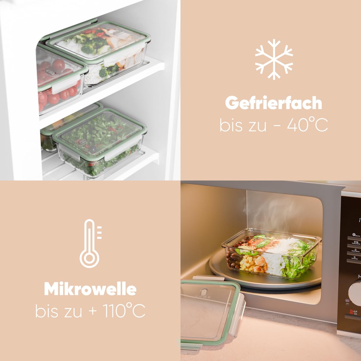 Set de 7 recipientes de vidrio con tapa, aptos para microondas, lavavajillas y congelador. Ideal para preparar y almacenar alimentos en la cocina | C-FHD 4010 G