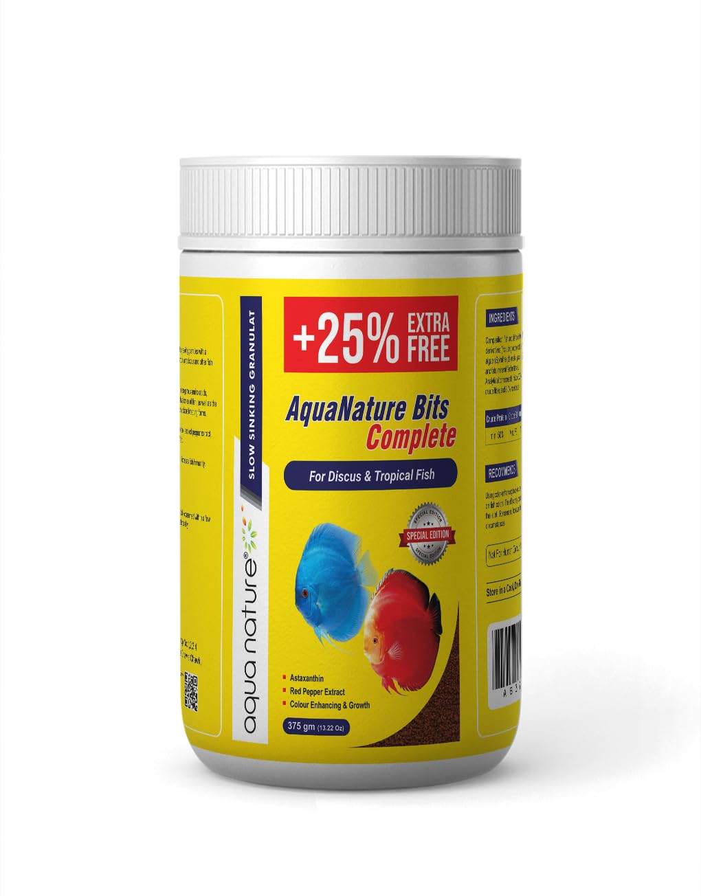 AquaNature® Slow Sinking Bits Complete Granules (375 G = 300g + 25% Extra Free Inside) Fish Food for Discus & Tropical Fish to Maintain Good Health, Colour & Growth,All Life Stages