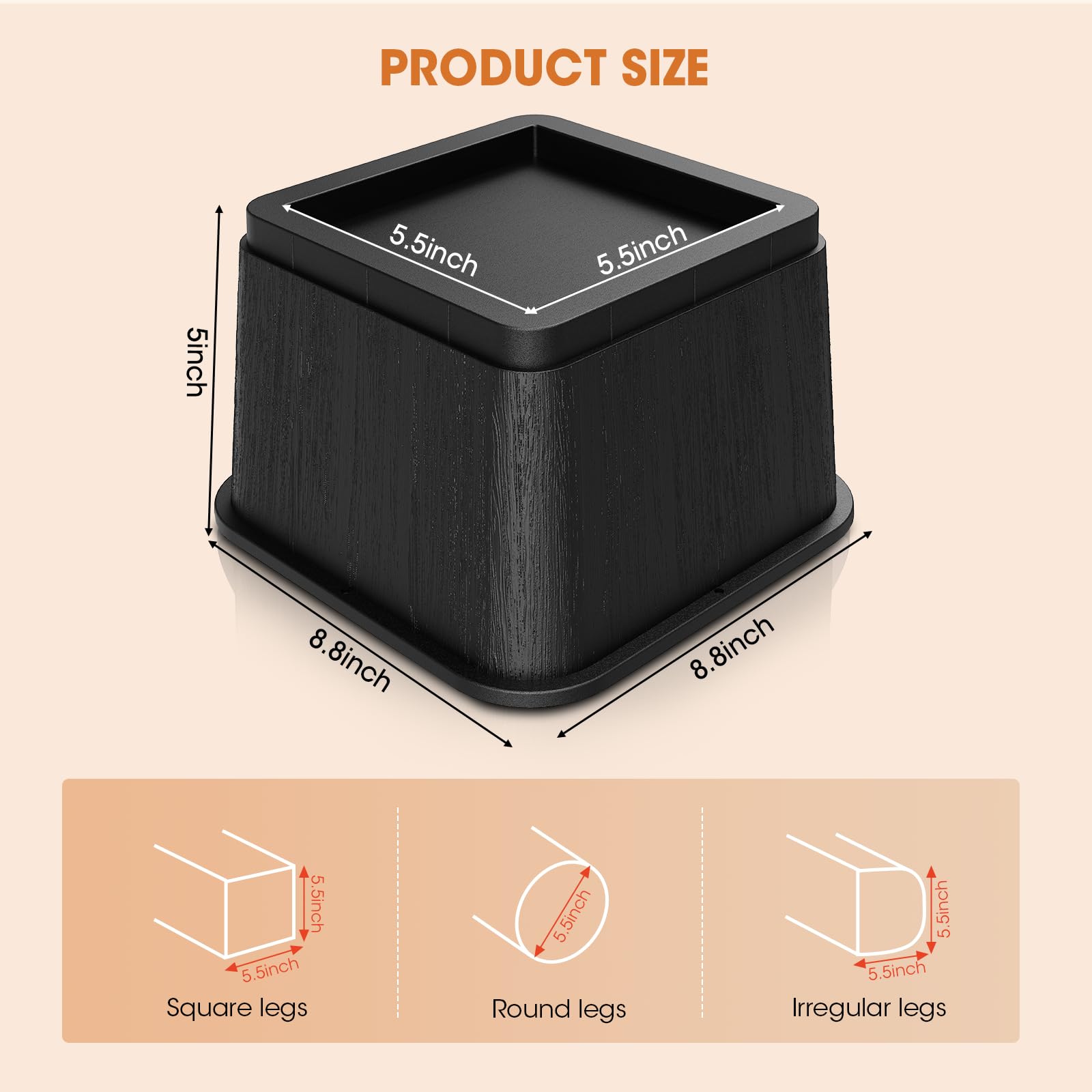 MYMULIKE Rialzi per letto da 12,7 cm, sovradimensionati per gambe fino a 14 cm, supporto resistente 2721,6 kg, impilabili, robusti sollevatori per dormitori universitari, divani, tavoli, scrivanie