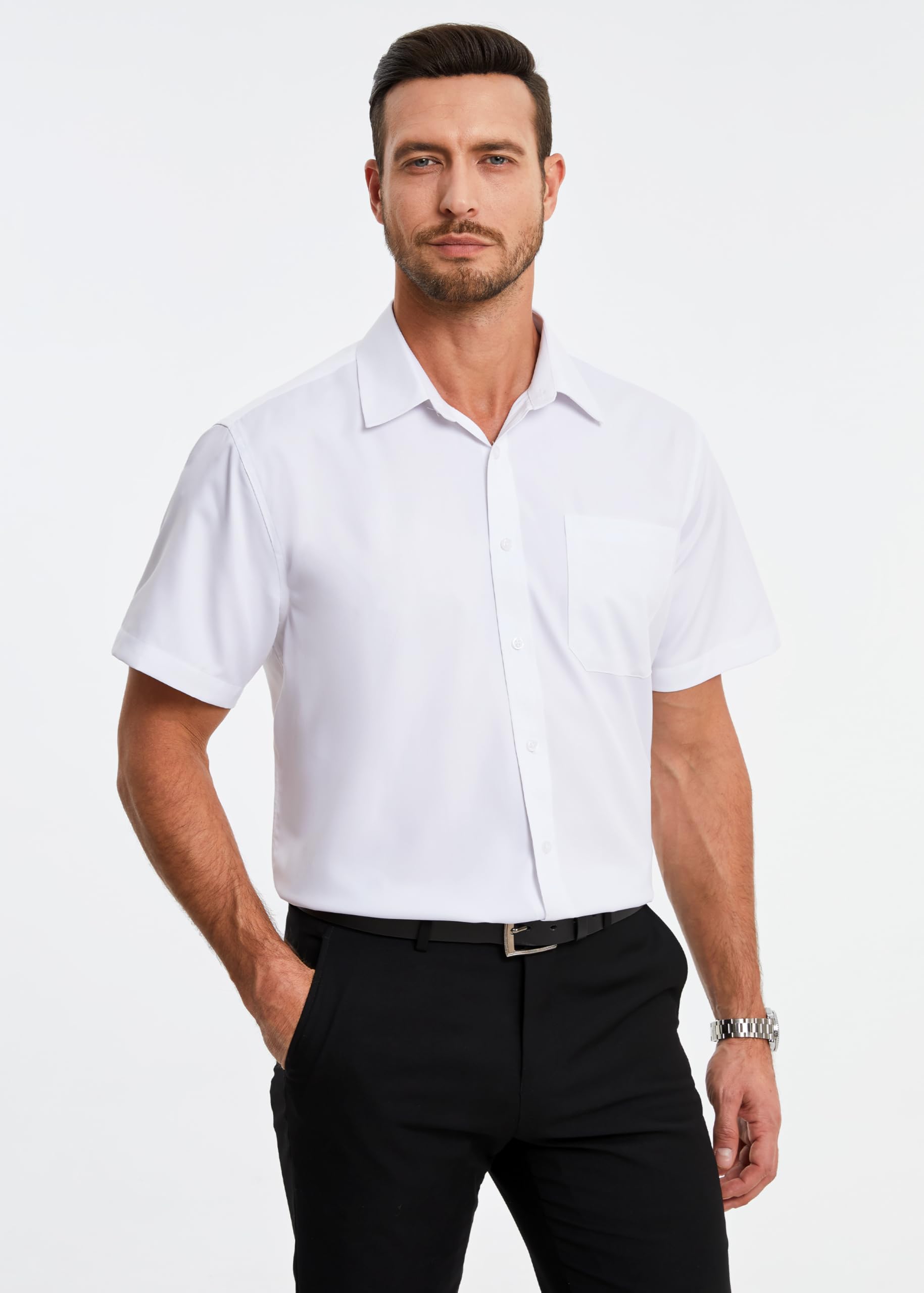 HISDERN Chemise Homme Manches Courtes Été Leger Chemises Habillée en Fibre de Bambou Homme sans Repassage Chemisette Boutonnée Décontractée Coupe Régulière avec Poche