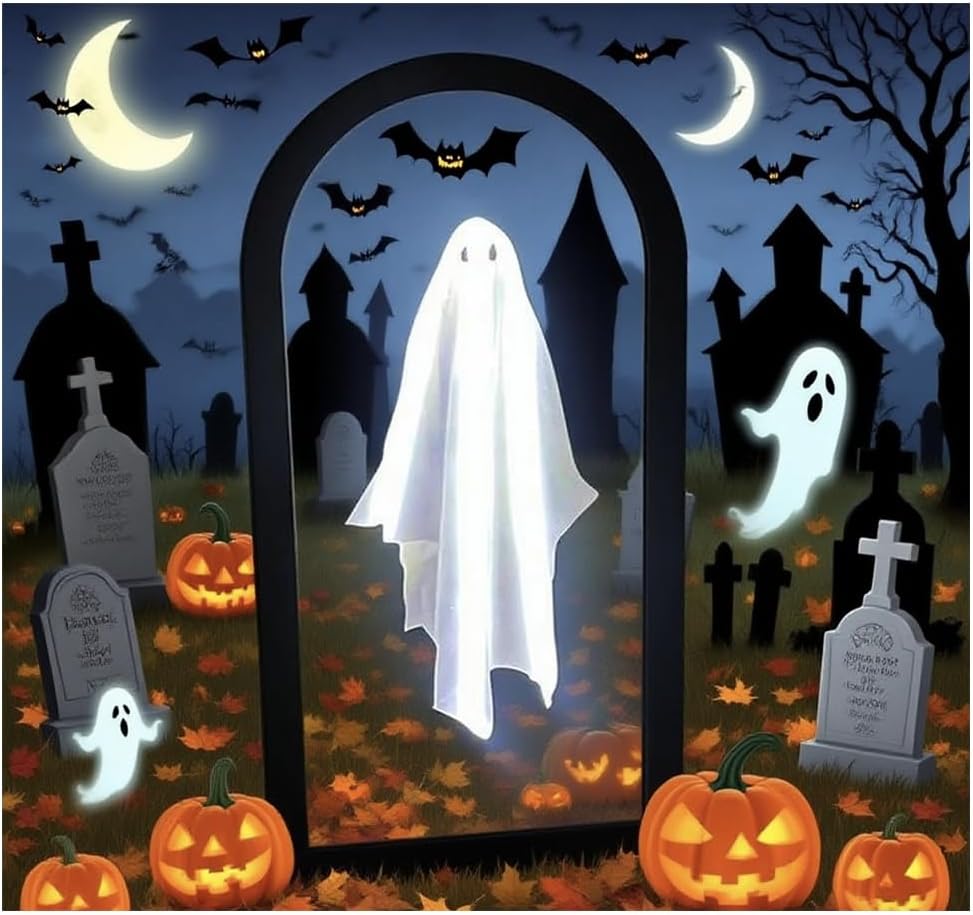 Ghost Mirror Halloween 2025, 19.6" x 9.4" Halloween Hologram Ghost Mirror, Spooky Scary Lights for Hallo ween Decor Indoor, Bedroom Kitchen and Fireplace Decor(B)