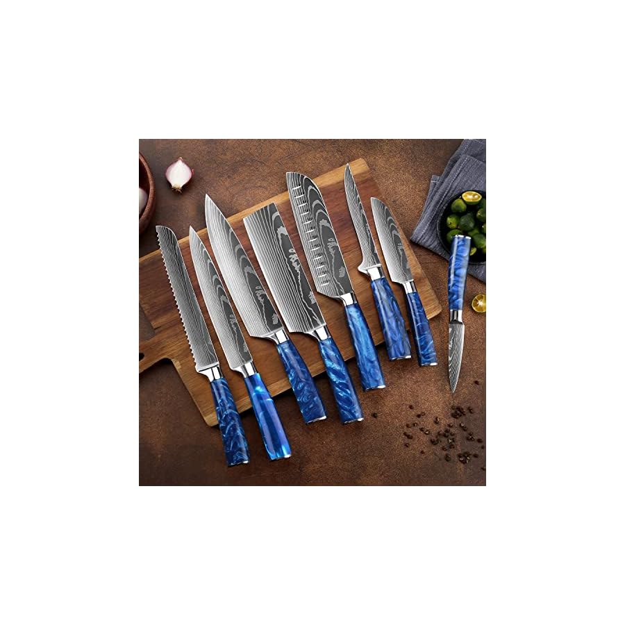 SENKEN 16-Piece Kitchen Knife Block Set - Japanese Chef's Knife Set with Laser Damascus Pattern, Includes 6 Steak Knives and Smoothly-Finished Acacia Hardwood Knife Block (Blue Resin Handles)