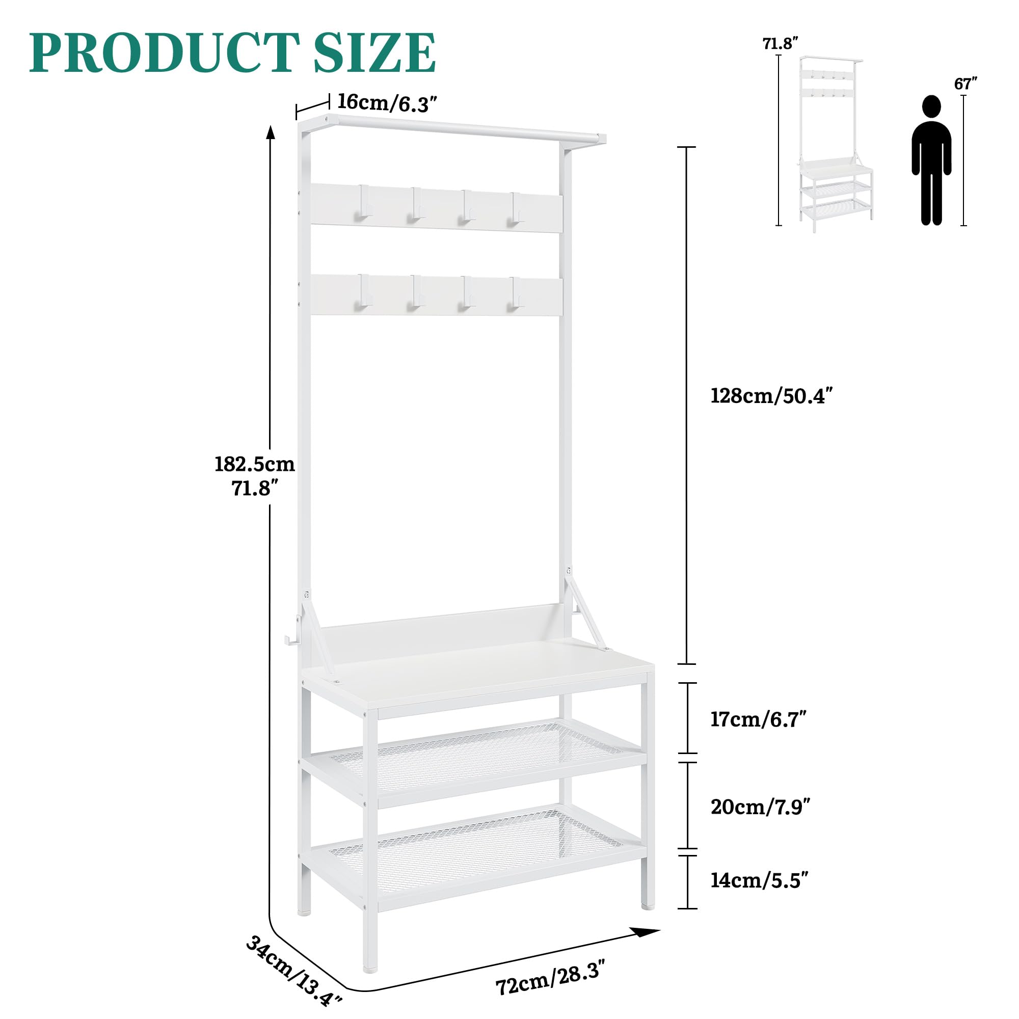 YITAHOME Coat Rack Stand with Shoe Storage, Freestanding Hallway Unit with 2 Shelves - Image 3